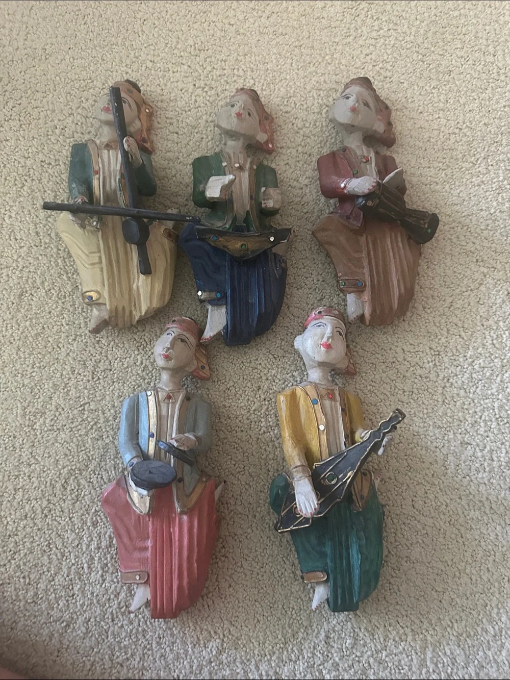 Vintage Thai set of 5 wooden Hand -Painted Musical Figurine Wall